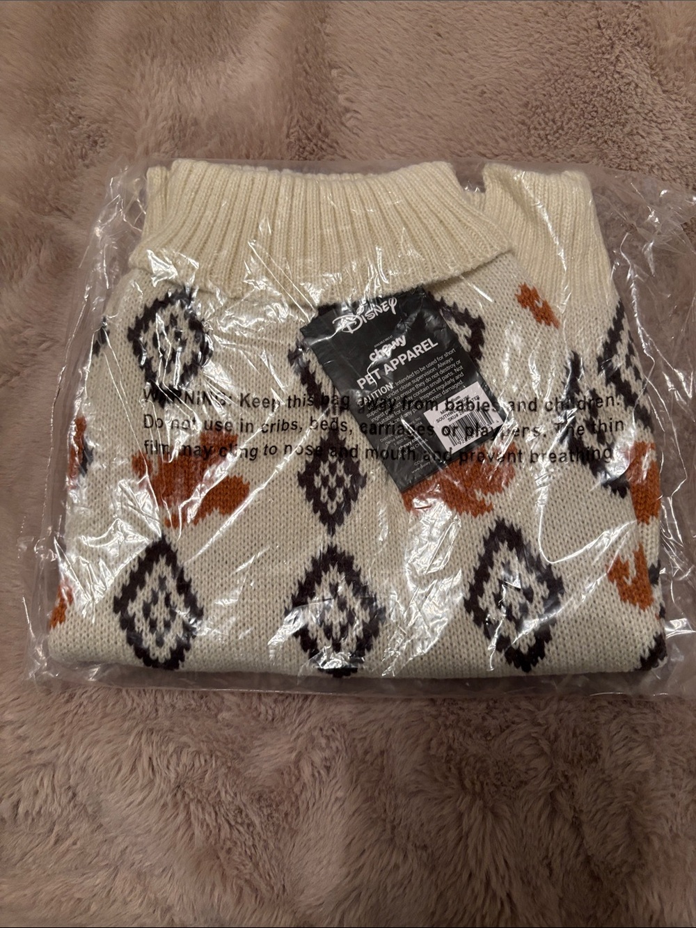 Disney Cream Pet Sweater with Rust and Black Diamond Motif